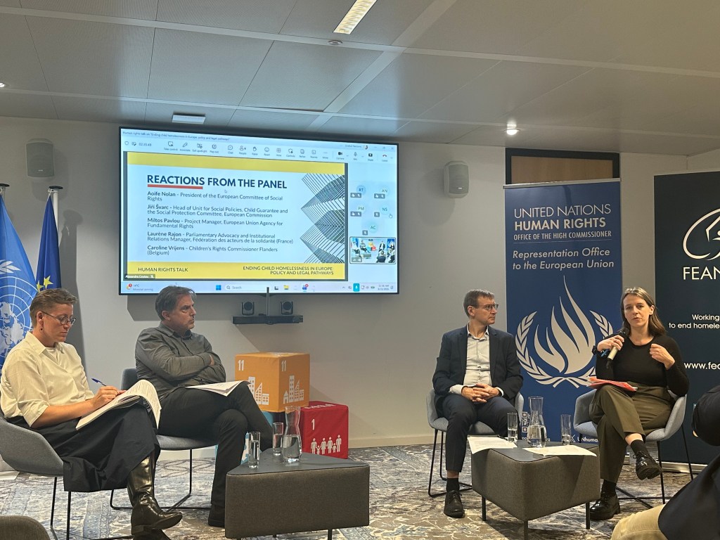 Panel discussion at the UN Human Rights Office in Brussels during the Human Rights Talk “Ending Child Homelessness in Europe: Policy and Legal Pathways”, with speakers from European and international institutions and civil society.